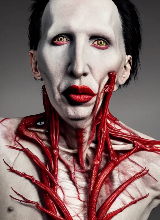 Image similar to portrait of Marilyn Manson with translucent skin, visible muscles and veins and arteries and bones and spines and nerves, beautiful detailed intricate insanely detailed octane render, 8k artistic photography, photorealistic, chiaroscuro, by David Cronenberg, Raphael, Caravaggio