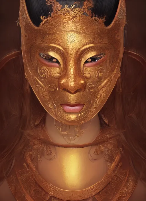 Image similar to a beautiful detailed oil on copper art illustration of a japanese shityome mask woman, the mask is broken, centered, by charlie bowater, zeng fanzh, trending on artstation, dim dusk lighting, cinematic lighting, detailed lighting, volumetric lighting, realistic, f 8, 4 k hd wallpaper