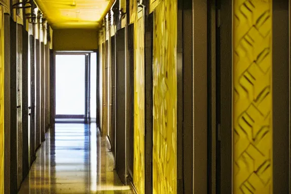 Prompt: an endless space of hallways with old yellow wallpaper from the 1970s lit by fluorescent lights