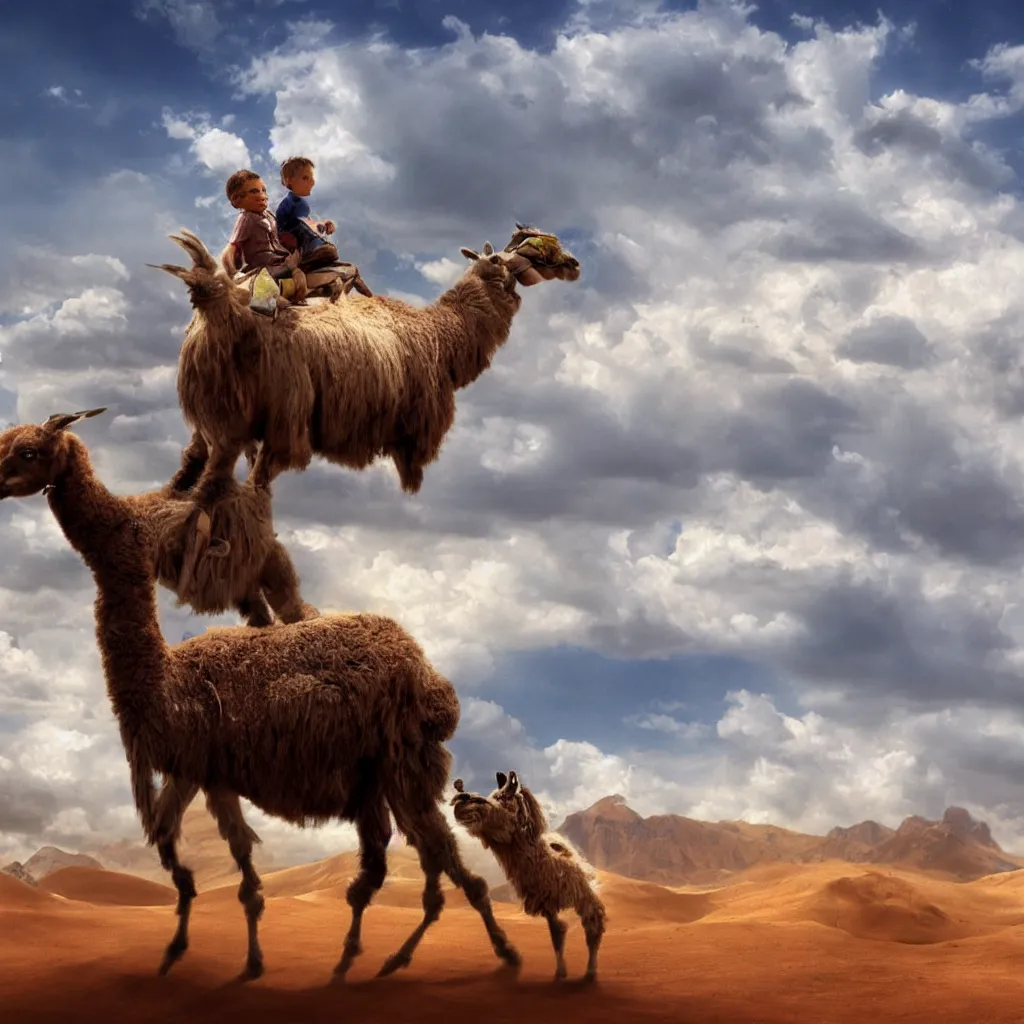 Image similar to A baby riding a Lama in the desert, cloudy sky, digital art, matte painting, style by alex ross,