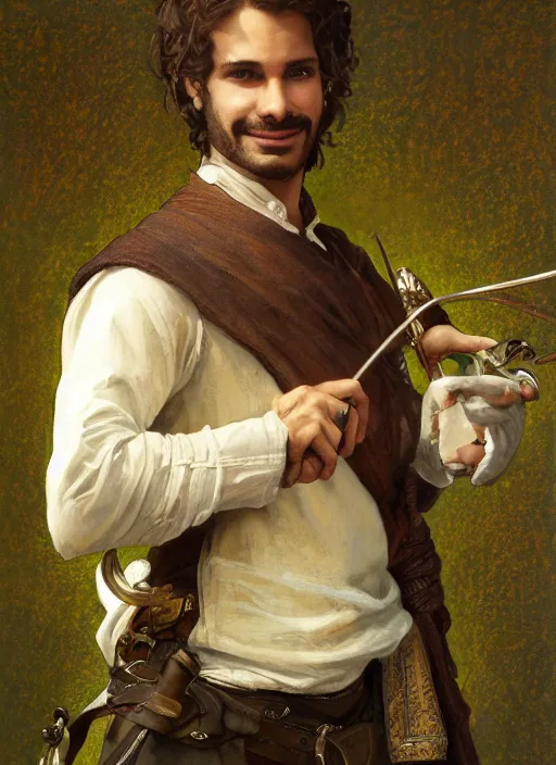 Prompt: medium-length portrait of a male bard with short curly hair and brown eyes, dark brown skin, happy expression, wears a combination of dark green tunic and boiled leather, medieval setting, highly detailed, digital painting, artstation, concept art, sharp focus, illustration, art by greg rutkowski and alphonse mucha