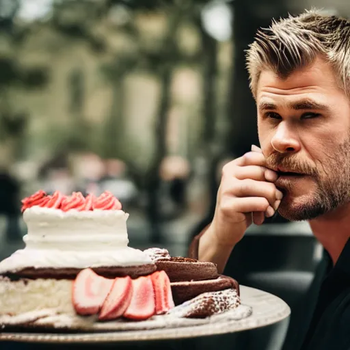 Image similar to Obese Chris Hemsworth eating cake, XF IQ4, 150MP, 50mm, F1.4, ISO 200, 1/160s, natural light