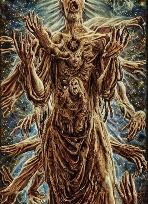 Image similar to the transcendent being embodying fundamental fear, photorealistic, detailed photography, divinity, awful, cosmic horror, religious art, blasphemous