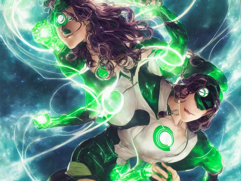 Image similar to anime key visual of one beautiful female green lantern, dc comics, power, hope, glowing, intricate, in space, stunning, highly detailed, digital painting, artstation, smooth, hard focus, illustration, art by artgerm and greg rutkowski and alphonse mucha