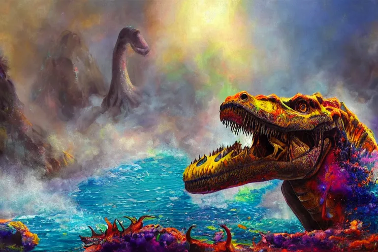 Image similar to highly detailed oil painting of a tyrannosaurus rex in a steaming colorful hotspring, featured on artstation