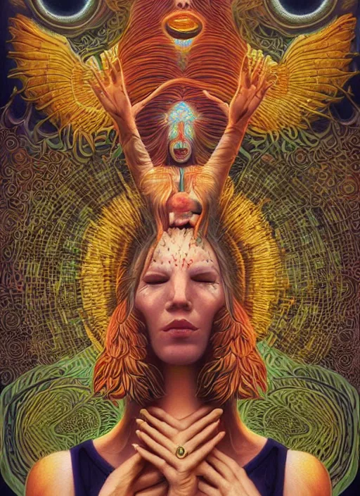 Image similar to portrait ultra dimensional enlightened cult woman shaman, enlightenment tripping on dmt, psychedelic experience, surrealism masterpiece composition, by michael parkes, casey weldon