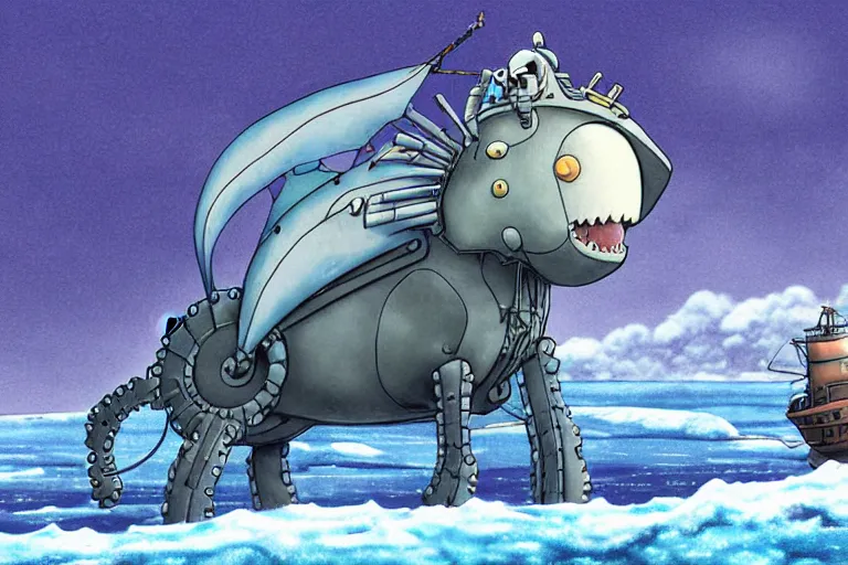 Prompt: cell shaded cartoon of a giant mechanized grey seahorse from howl's moving castle ( 2 0 0 4 ), floating above an icy river, full body, wide shot, very muted colors, post grunge, studio ghibli, highly detailed, deviantart, art by artgem