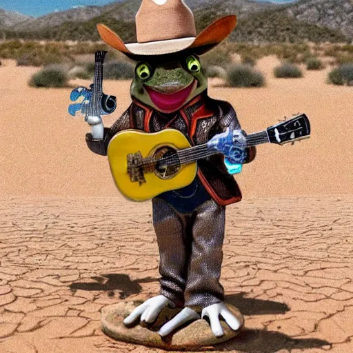 Image similar to an frog wearing cowboy outfit and holding an mini guitar in a desert