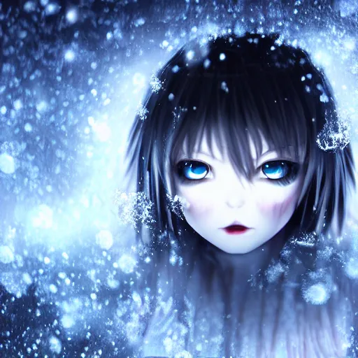 Prompt: photorealistic full body shot of masterpiece angry darkness anime girl, beautifull manga lovely eyes, electric aura with particles, snowing frozen ice, darkness background inspired by tim burton, detailed, unreal engine 4 k, volumetric light, fog