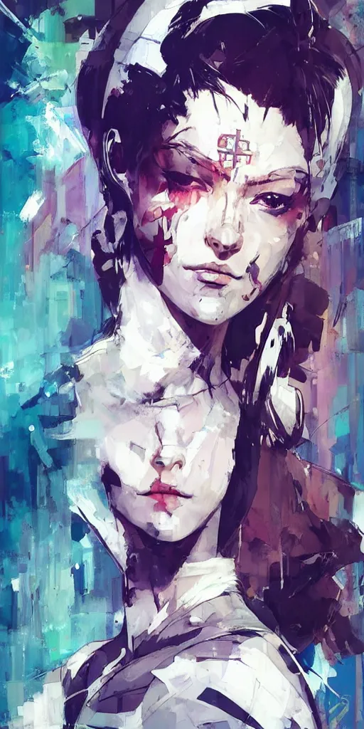 Prompt: a beautiful side portrait painting of an angelical nurse. she has a purple cross in her forehead. looks like an angel. art by yoji shinkawa and sandra chevrier, trending on artstation, award - winning, perfect composition.