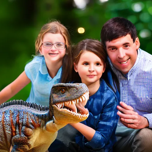 Image similar to a family portrait of a family with a pet dinosaur, cute, uhd, 8k, award winning,