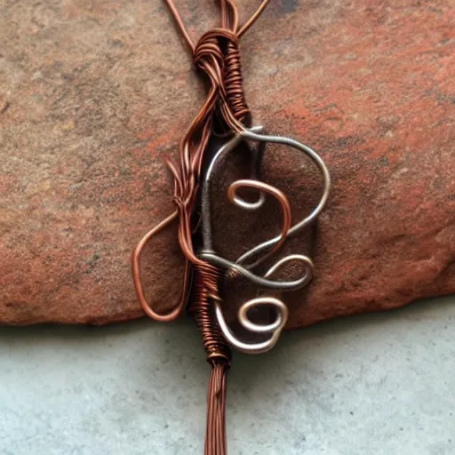 Prompt: beautiful but simple amulet made from equal parts sandstone and dirtstone, bound together by copper wire