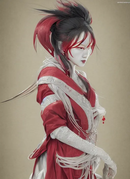 Image similar to albino maiko with very long fantasy hair, fluent composition, red and white neon, concept art, ambient light, 4 k, intricate details, highly professionally detailed, cgsociety, highly detailed -