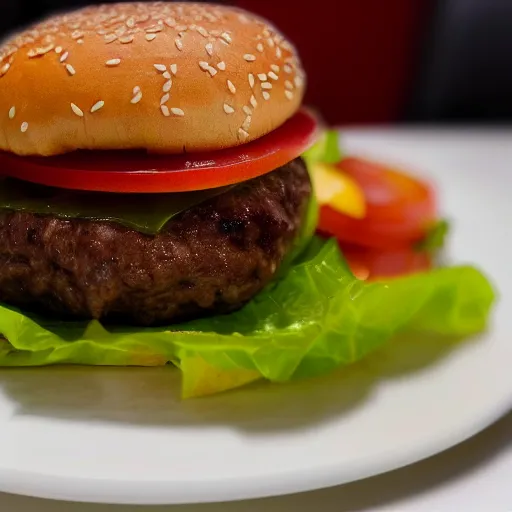 Prompt: hiqh quality photo of a cheeseburger without tomatoes on a white plate