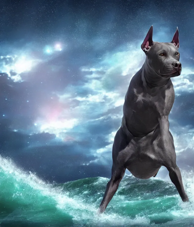 Image similar to photo of a dark gray coat pit bull with a white paws and a white nose!, surfing on a surfboard in a crashing wave of alien galaxy, trending on art station, ocean in space, background is an alien galaxy, aliens in the background, alien colors, octane render, unreal engine, wide view, 8 k, highly detailed