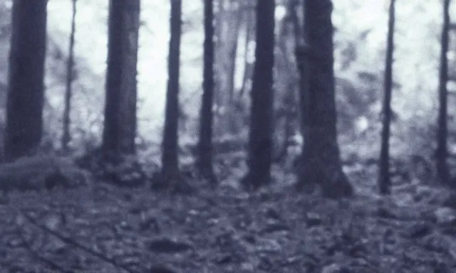 Prompt: corpse looking at camera in forest at night, 70s photo, out of focus, motion blur, cctv footage, horror movie, horror lighting, blair witch project, old photo