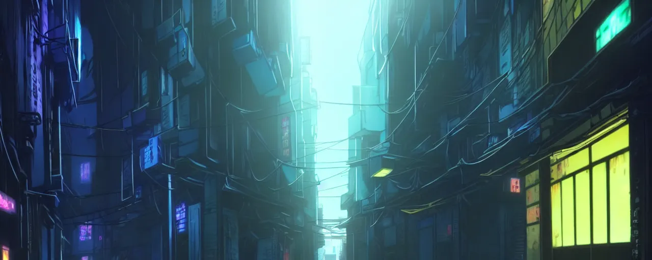 Image similar to a close up of a city alleyway in the atmospheric cyberpunk anime film, gouache matte background painting, neon noir, at night with lights, by makoto shinkai, in the anime series ergo proxy, beautiful specular edge highlights and rim lighting