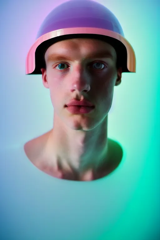 Prompt: high quality pastel coloured film mid angle portrait photograph of a beautiful young 2 0 year old male, soft features, short hair, perspex face visor and oversized inflated clothing!!!! icelandic black! rock pool environment. atmospheric three point light. photographic. art directed. ( pastel colours ). volumetric. clearcoat. waves. 8 k. filmic.