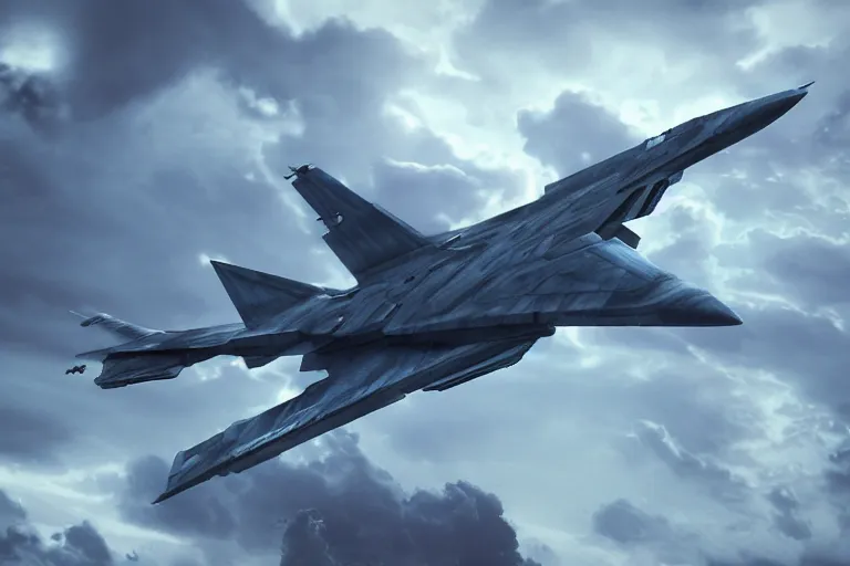 Prompt: a futuristic fighter aircraft, worn paint, symmmetric design, action shot, motion blur, epic dark towering thunderclouds in the background, intricate details, intricate textures, blue tint, realistc octane render, hyper realistic render, volumetric shading, depth of field, soft lighting, 8k