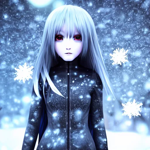 Prompt: photorealistic full body shot of masterpiece angry darkness android anime girl!, beautifull lovely eyes, electric aura with particles, snowing frozen ice, darkness background, inspired by tim burton, detailed, unreal engine 4 k, volumetric light, fog