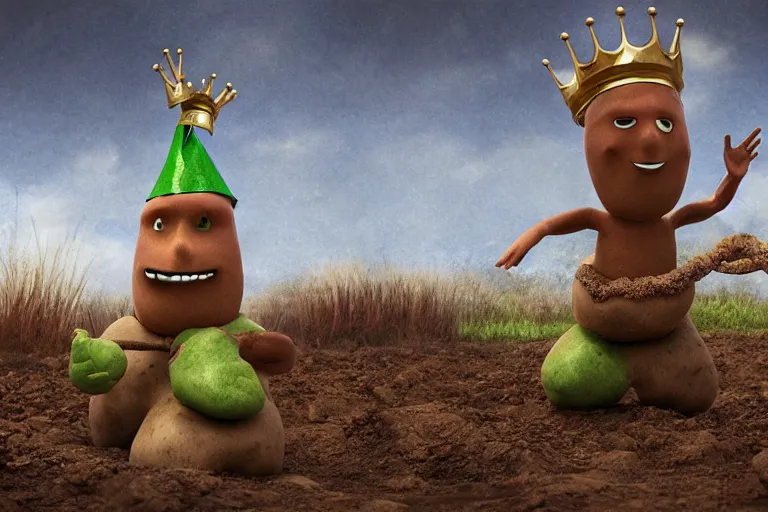 Prompt: the potato king appears before the large crowd of his subjects in all his glory wearing his crown, concept art, blender, glossy googly eyes, realistic dirt.