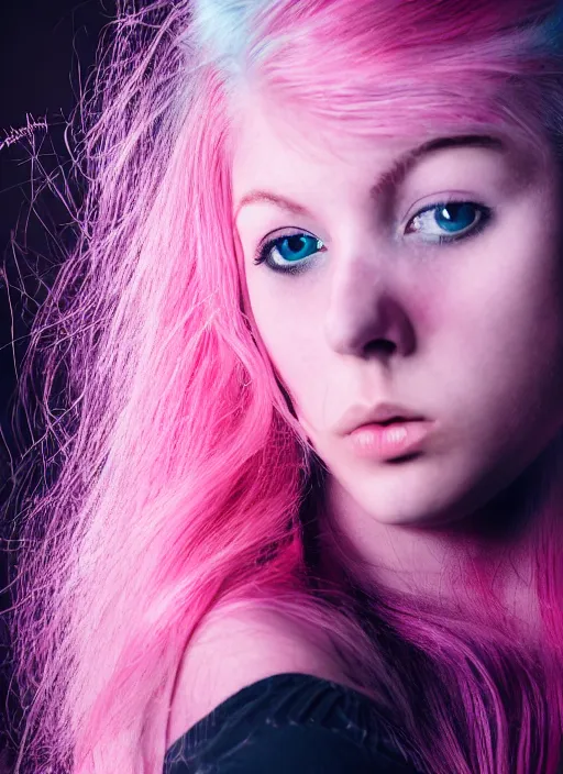 Image similar to a dramatic lighting photo of a beautiful young woman with cotton candy hair. blood splashes with a little bit of cyan and pink