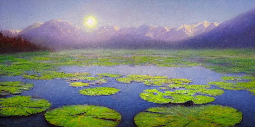 Image similar to impressionism painting of a pond of water lily on a foggy morning, sun low on horizon through snow capped mountains, soft light, misty