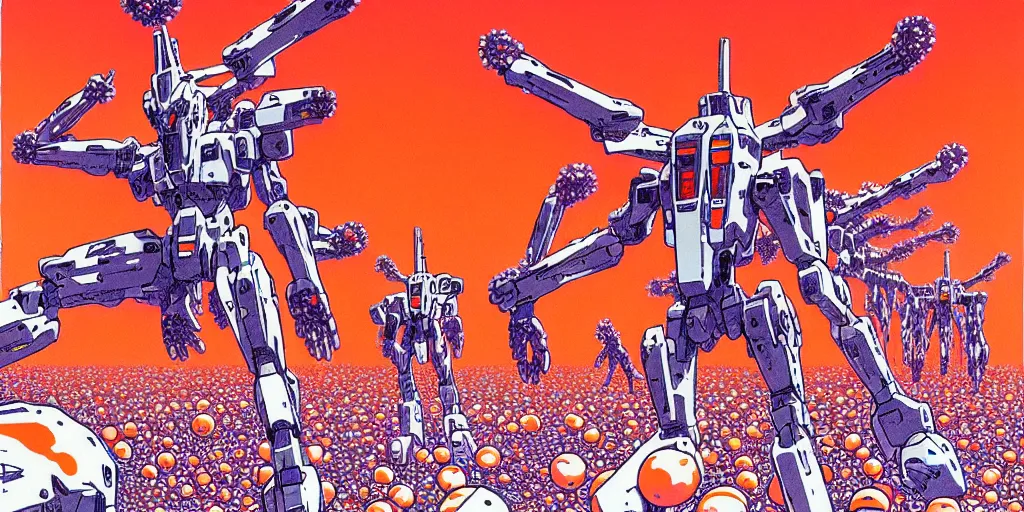 Image similar to risograph rendition of extremely - detailed white huge evangelion - like mech with a lot of orange tiny balls on it, children faces, ominous, intricate complexity, dramatic, epic composition, atmospheric, painting by moebius