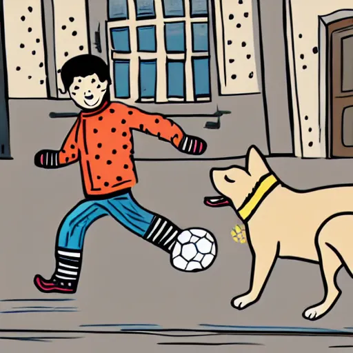 Image similar to illustration of boy playing football with his dog on the streets of paris, his dog dog is a corgi that wears a polkadot scarf