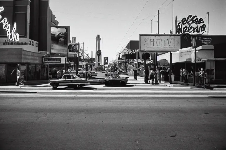 Prompt: 1 9 7 6 vegas street scene with a woman floating in the sky in the foreground, deep focus, intricate, elegant, highly detailed, matte, sharp focus, photography of gregory crewdson