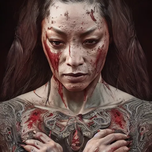 Image similar to portrait painting of a muscular bloodied dark nepali female butcher back, tattooed, ultra realistic, concept art, intricate details, eerie, highly detailed, photorealistic, octane render, 8 k, unreal engine. art by artgerm and greg rutkowski and alphonse mucha