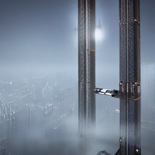 Image similar to a space elevator rising from the center of a misty metropolis, highly detailed, 8k, sharp focus