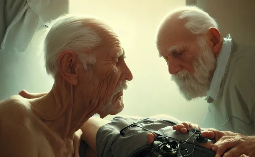 Image similar to old man on a death bed close to a breathing machine, intricate, portrait, highly detailed, digital painting, artstation, concept art, smooth, sharp focus, illustration, cinematic lighting, art by artgerm and greg rutkowski and alphonse mucha