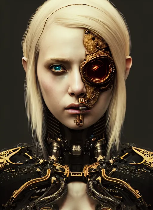 Image similar to soft lustrous hard tech ivory biotech raver gutter punk cyborg bioweapon, golden ratio, details, sci - fi, dark fantasy, cyberpunk, intricate, decadent, ornate, highly detailed, digital painting, octane render, 8 k, artstation, concept art, smooth, sharp focus, illustration, art by artgerm, loish, wlop