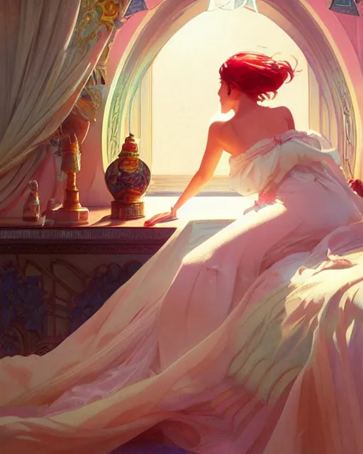 Prompt: princess, posing, vaporwave, bedroom, highly detailed, digital painting, artstation, concept art, smooth, sharp focus, illustration, art by artgerm and greg rutkowski and alphonse mucha