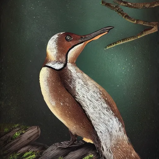 Prompt: wood penguin in the wild. fantasy art.