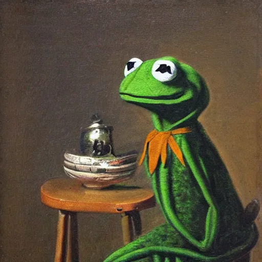 Prompt: portrait of Kermit the frog sitting on a stool, 1700s oil painting, antique