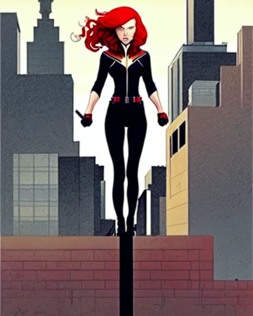 Image similar to phil noto comicbook cover art, black widow marvel, symmetrical eyes, long red hair, full body, city rooftop