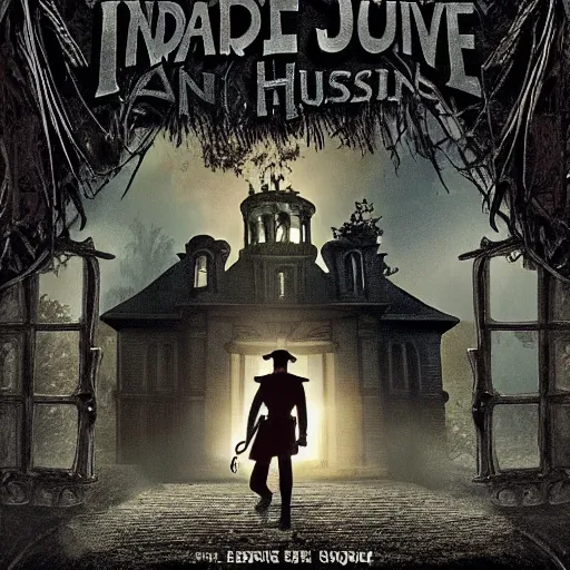 Image similar to indiana jones explores a haunted mansion, detailed, cinematic, shadow, gothic