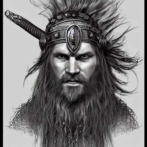 Image similar to of valhalla viking headgear with flaming red hair, fine detail, texture, extreme detailed drawing, trending on artstation, hyperreal