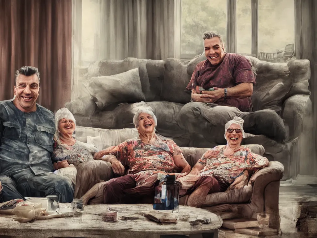 Prompt: detailed digital painting of till lindemann sits on the couch with grandmother and laughing by handoga, stunning scene, 4 k, realism, bright colors, trending on artstation