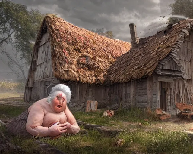 Image similar to of a very beautiful scene. ambient occlusion render. a sweet fat old woman is giving birth to her broken house. hyper realistic. 4 k. wide angle. wild. symmetrical face, red mouth, blue eyes. deep focus, lovely scene. ambient occlusion render. concept art. unreal engine.