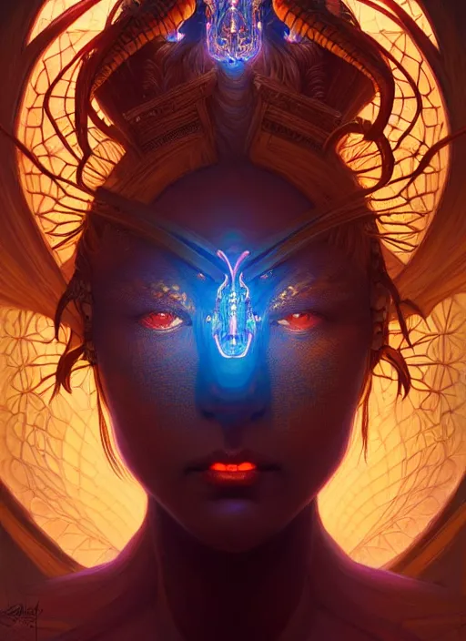 Image similar to symmetry!! portrait of a dragon, fantasy, glowing lights!! intricate, elegant, highly detailed, digital painting, artstation, concept art, smooth, sharp focus, illustration, art by artgerm and greg rutkowski and alphonse mucha