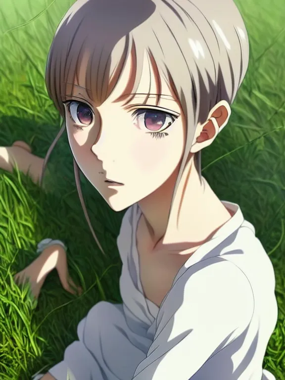 Prompt: anime art full body portrait character concept art, anime key visual of an elegant young emma watson, platinum blonde straight bangs and large eyes, finely detailed perfect face delicate features directed gaze, laying down in the grass at sunset in a valley, trending on pixiv fanbox, studio ghibli, extremely high quality artwork