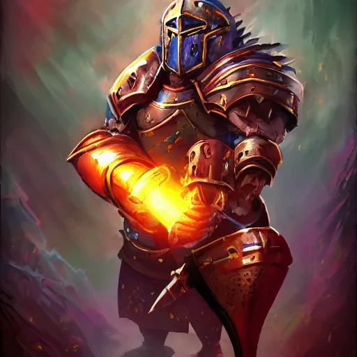 Prompt: Heavy knight’s Gauntlet, the gauntlet, powerful gauntlet, the war gauntlet, war theme, bloodbath battlefield background, fiery battle coloring, hearthstone art style, epic fantasy style art, fantasy epic digital art, epic fantasy card game art