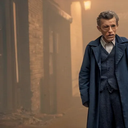 Image similar to tom holland as a rough dirty old man with a scruffy beard in a dark blue trenchcoat as the new doctor who, cinematic, volumetric lighting, f 8 aperture, cinematic eastman 5 3 8 4 film, photorealistic