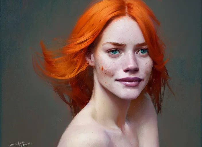 Image similar to portrait of a beautiful smiling girl with orange hair and freckles, green eyes, highly detailed, digital painting, concept art, smooth, sharp, focus, background is purple, rutkowski Jeremy Lipkin and Giuseppe Dangelico Pino and Michael Garmash and Rob Rey