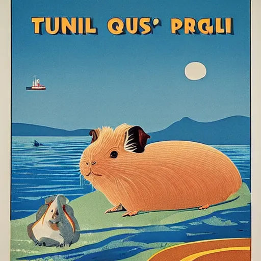 Image similar to a 1970s travel poster of guinea pig island