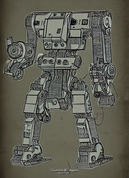 Prompt: battletech mech with axe for a hand cross - section blueprints by thomas hubert. in the style of a 1 9 0 3 patent design diagram