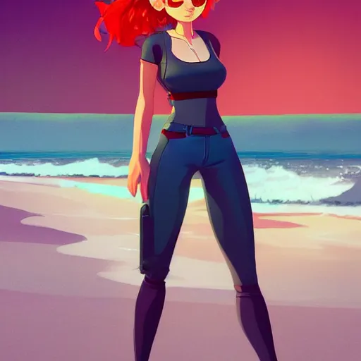 Image similar to character deisgn by lois van baarle, artgerm, helen huang, by makoto shinkai and ilya kuvshinov. cute scarlet red haired cybertronic woman, steel gray body, denim shorts, jacket, wandering at beach at sunset, pretty smile, elegant, octane render, exaggerated proportions, looking at camera